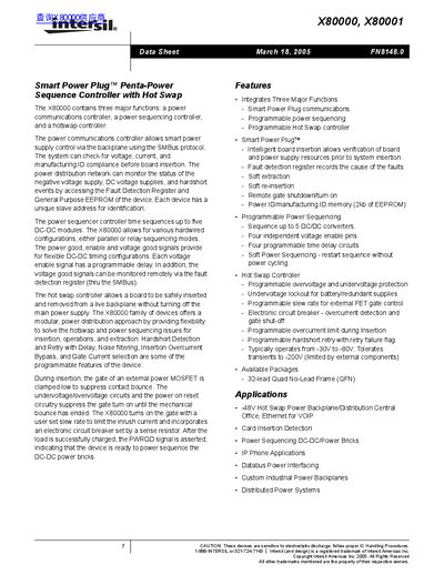 Intersil X80000/X80001 Smart Power Plug Penta-Power Sequence Controller Datasheet - cover page