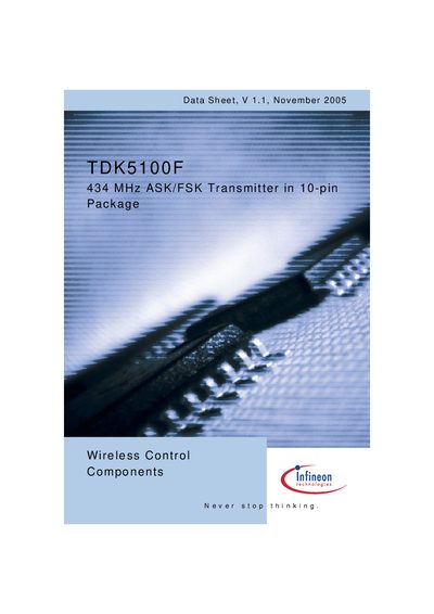 INFINEON TDK5100F 434 MHz ASK/FSK Transmitter in 10-pin Package Manual - cover page
