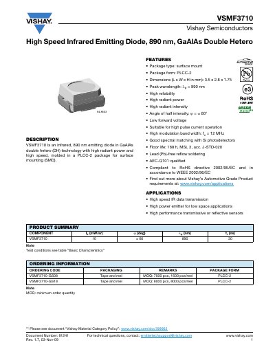 Vishay VSMF3710 Infrared Emitting Diode Datasheet - cover page