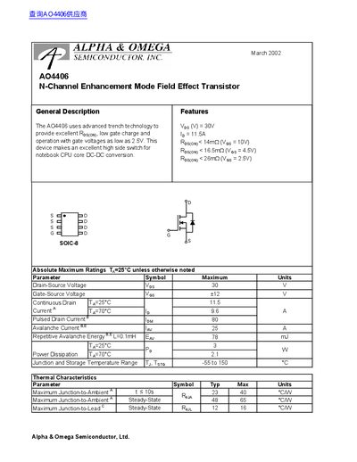 Alpha & Omega AO4406 N-Channel Enhancement Mode Field Effect Transistor Datasheet - cover page