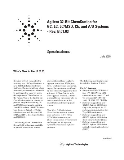 Agilent 32-Bit ChemStation for GC, LC, LC/MSD, CE, and A/D Systems Rev. B.01.03 User Manual - cover page