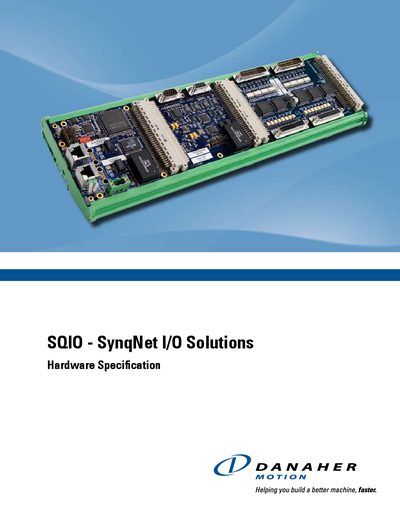 Danaher SQIO SynqNet I/O Solutions Hardware Specification - cover page