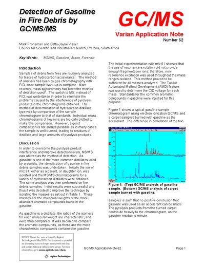 Varian Application Note 62: Detection of Gasoline in Fire Debris by GC/MS/MS - cover page