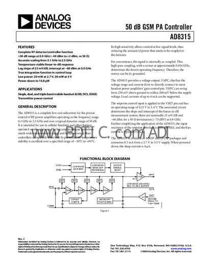 Analog Devices AD8315 RF Detector/Controller Datasheet - cover page