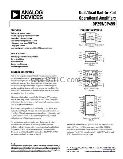 Analog Devices OP295/OP495 Dual/Quad Rail-to-Rail Operational Amplifier Datasheet - cover page