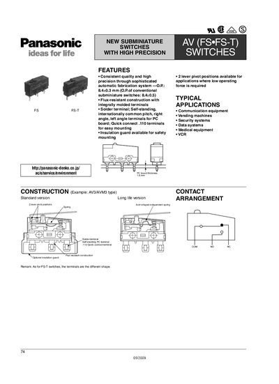 Panasonic FS FS‑T Subminiature Switches Datasheet - cover page