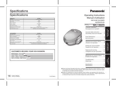 Panasonic MC-3920 Vacuum Cleaner Operating Instructions - cover page