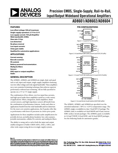 Analog Devices AD8601/AD8602/AD8604 Operational Amplifier Datasheet - cover page