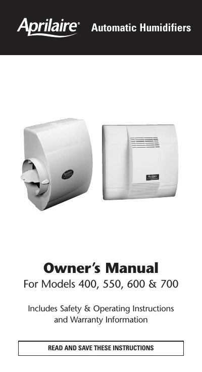 Aprilaire Models 400/550/600/700 Owner's Manual - cover page