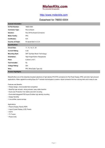 Molex 76650-0004 FPC Connector Kit Datasheet - cover page