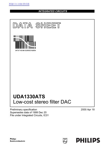 Philips UDA1330ATS Low-cost Stereo Filter DAC Datasheet - cover page