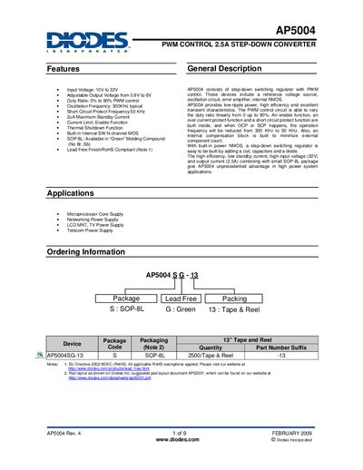 Diodes AP5004 PWM Control 2.5A Step-Down Converter Datasheet - cover page