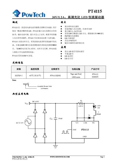 PowTech PT4115 LED Constant Current Driver Datasheet