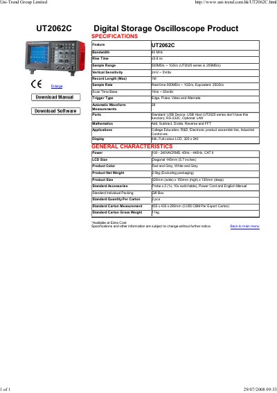 UNI-T UT2062C Digital Storage Oscilloscope Product Manual - cover page