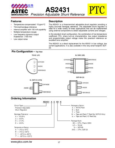 ASTEC AS2431 Precision Adjustable Shunt Reference Datasheet - cover page