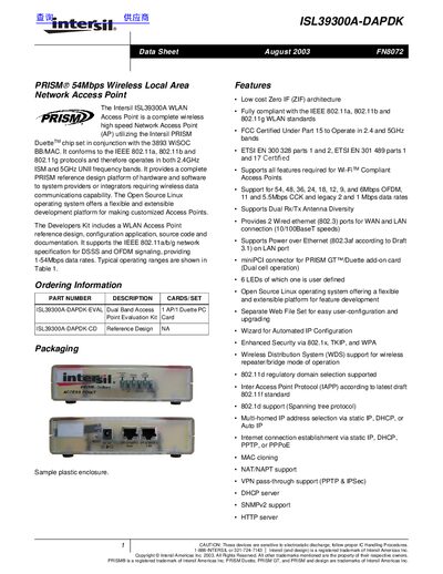 Intersil ISL39300A-DAPDK Wireless LAN Access Point Datasheet - cover page