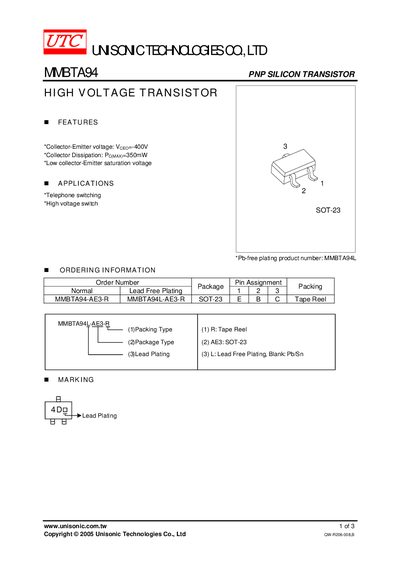 Unisonic MMBTA94 PNP Silicon Transistor Datasheet - cover page