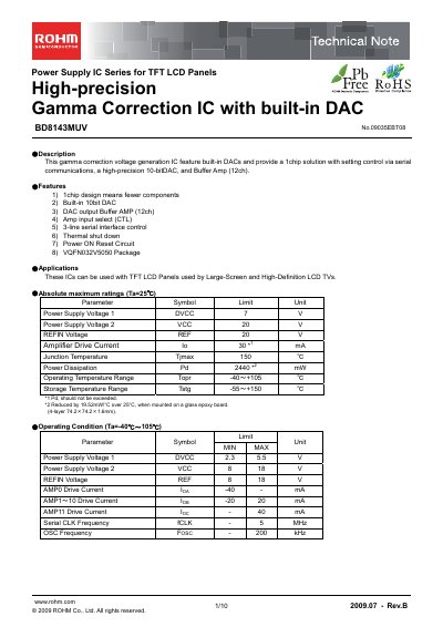 ROHM BD8143MUV Gamma Correction IC Technical Note - cover page
