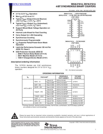 Texas Instruments SN54LV161A SN74LV161A 4‑Bit Synchronous Binary Counter Datasheet - cover page