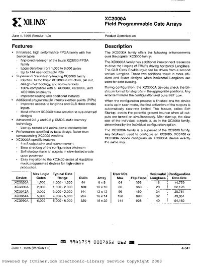 Xilinx XC3000A Field Programmable Gate Array Product Specification - cover page