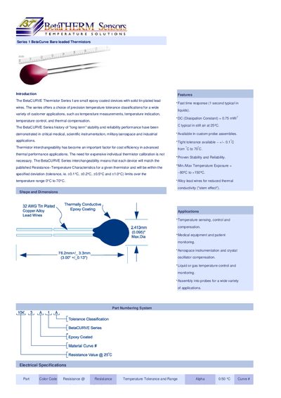 Betatherm Series 1 BetaCurve Bare Leaded Thermistors Product Introduction - cover page