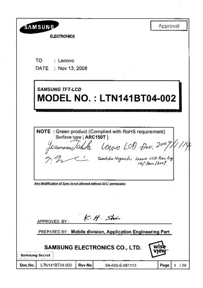 Samsung LTN141BT04-002 TFT LCD Module Datasheet - cover page
