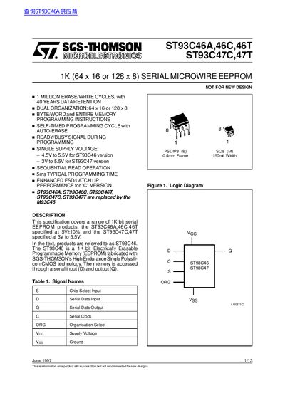 ST ST93C46A 46C 46T/ST93C47C 47T handbook - cover page