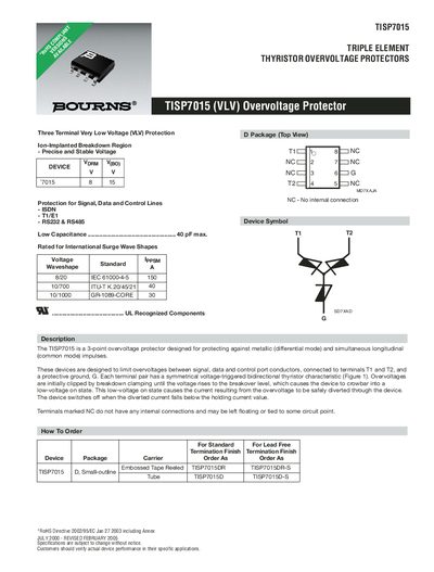 Bourns TISP7015 Overvoltage Protector Datasheet - cover page