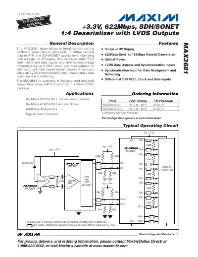 Maxim MAX3681 3.3V 622Mbps SDH/SONET 1:4 Deserializer Datasheet - cover page