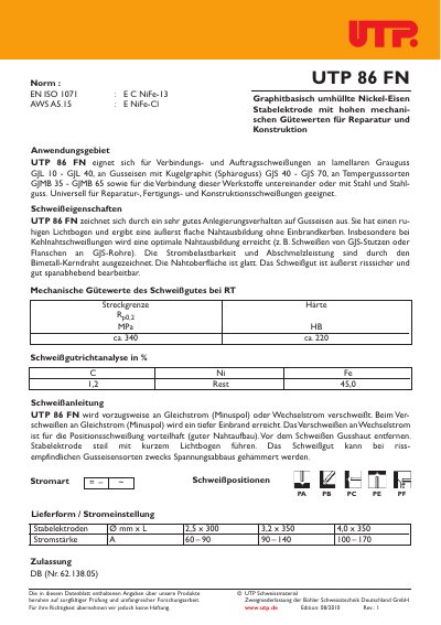UTP 86 FN Welding Electrode Datasheet - cover page