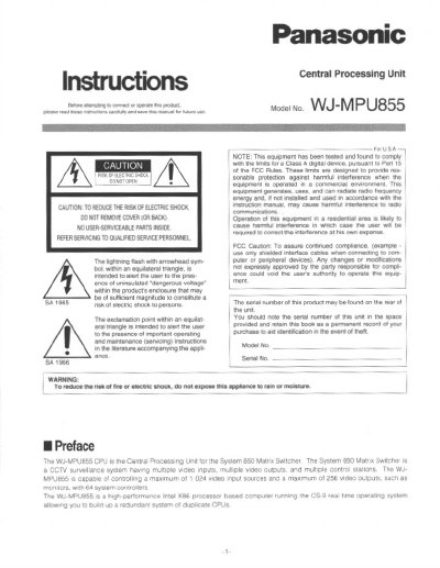 Panasonic WJ-MPU855 CPU Instructions - cover page