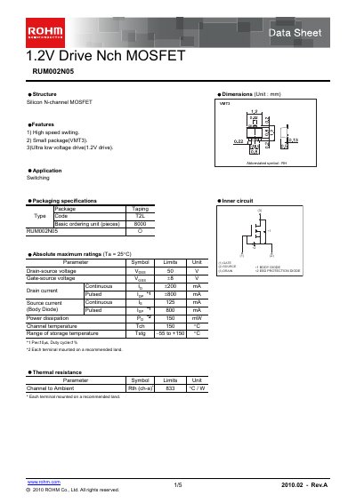 ROHM RUM002N05 MOSFET Data Sheet - cover page