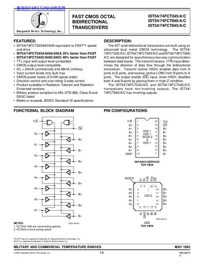 Integrated Device Technology IDT54/74FCT245/A/C, IDT54/74FCT640/A/C, IDT54/74FCT645/A/C Datasheet - cover page