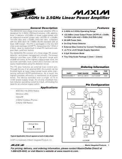 Maxim MAX2242 2.4GHz Linear Power Amplifier Datasheet - cover page