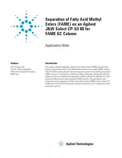 Agilent CP-Sil 88 for FAME GC Column Application Note - cover page