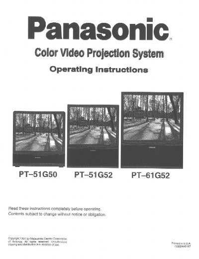 Panasonic PT-51G50/PT-51G52/PT-61G52 Color Video Projection System Operating Instructions - cover page