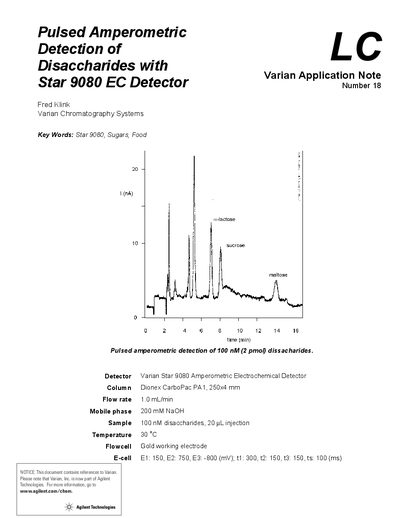 Varian Star 9080 Pulsed Amperometric Detection of Disaccharides Application Note - cover page