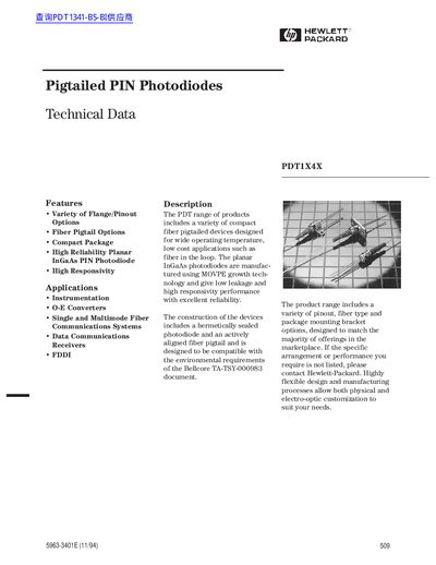 Hewlett-Packard PDT1X4X Pigtailed PIN Photodiodes Technical Data - cover page