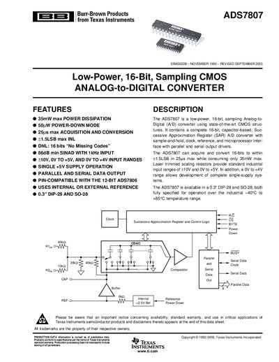 Texas Instruments ADS7807 Data Sheet - cover page