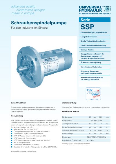 Universal Hydraulik SSP Series Screw Pump Datasheet - cover page