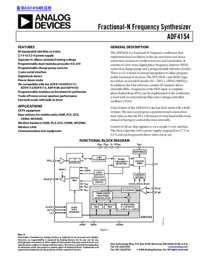 Analog Devices ADF4154 Fractional-N Frequency Synthesizer Datasheet