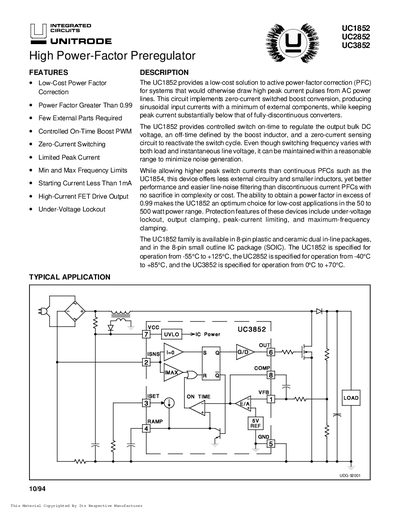 Unitrode UC1852/UC2852/UC3852 Power Factor Preregulator Datasheet - cover page