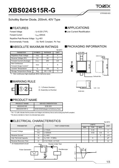 Torex XBS024S15R-G Schottky Barrier Diode Datasheet - cover page