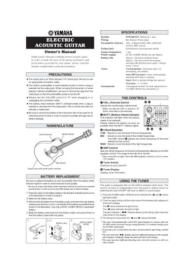 Yamaha Electric Acoustic Guitar Owner's Manual - cover page
