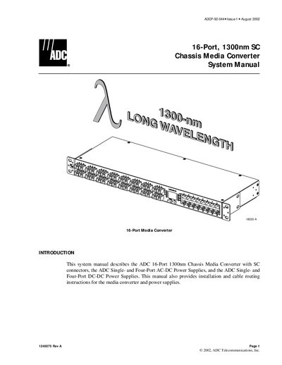 ADC 16-Port 1300nm SC Media Converter System Manual - cover page