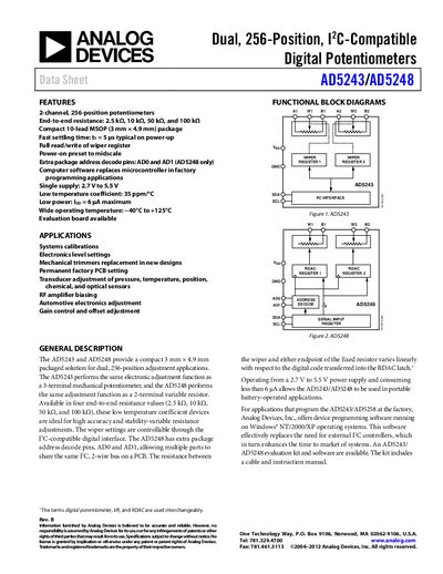 Analog Devices AD5243/AD5248 Digital Potentiometer Datasheet