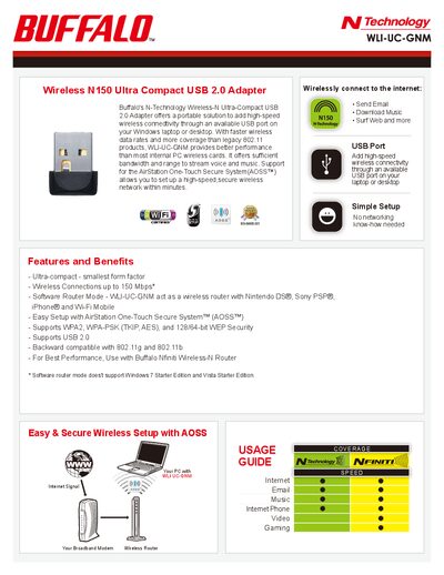 Buffalo WLI-UC-GNM Wireless-N Ultra-Compact USB 2.0 Adapter Product Leaflet - cover page