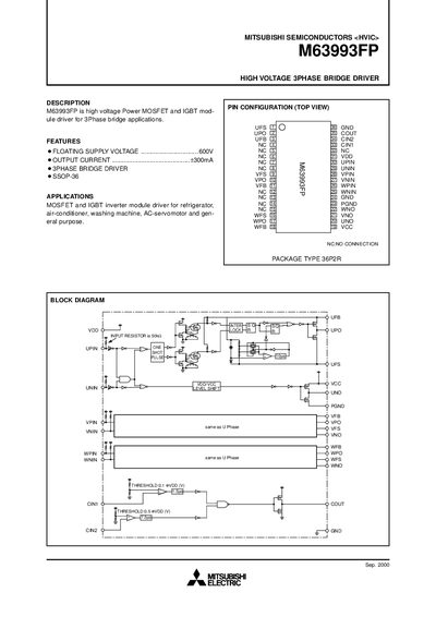 Mitsubishi M63993FP High Voltage 3-Phase Bridge Driver Datasheet - cover page