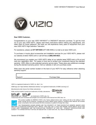 VIZIO VM190XVT/VM230XVT HDTV User Manual - cover page