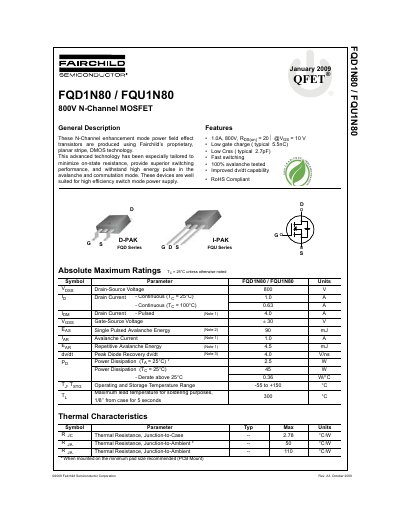 Fairchild Semiconductor FQD1N80/FQU1N80 800V N-Channel MOSFET Datasheet - cover page